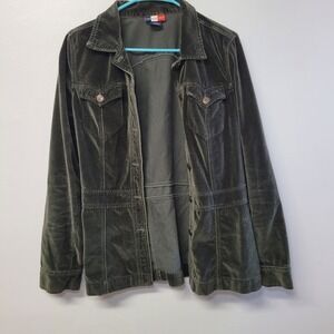 French Kuff Womens Green Velvet Button Up Utility Jacket Medium